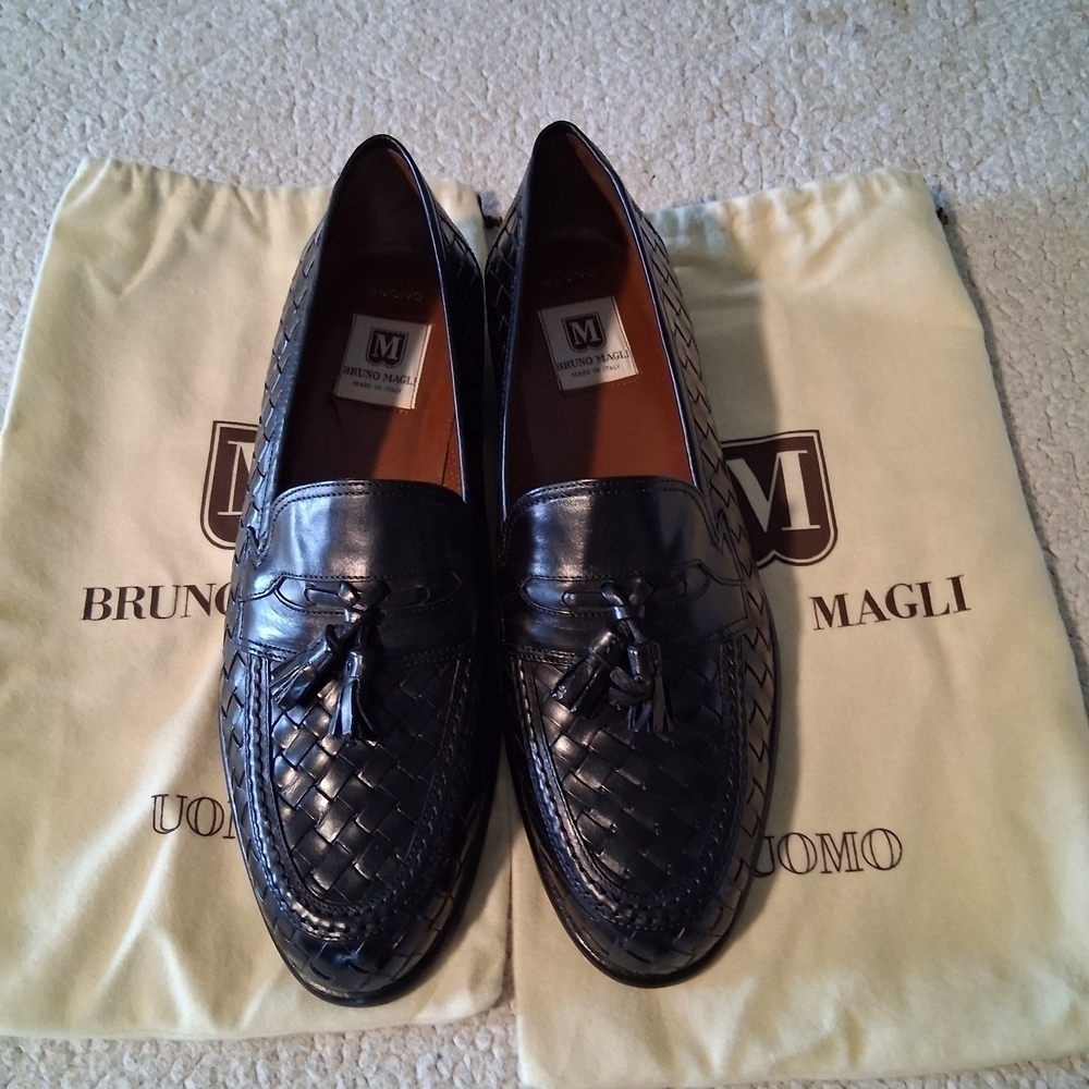 New Bruno Magli Men's Black Woven Tassel Buono Leather Loafers